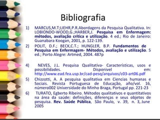 Bibliografia MARCUS,M.T;LIEHR,P.R.Abordagens da Pesquisa Qualitativa. In: LOBIONDO-WOOD,G.;HARBER,J.  Pesquisa em Enfermagem: métodos, avaliação crítica e utilização . 4 ed.; Rio de Janeiro: Guanabara Koogan, 2001, p. 122-139. POLIT, D.F.; BECK,C.T.; HUNGLER, B.P.  Fundamentos de  Pesquisa em Enfermagem- Métodos, avaliação e utilização . 5 ed.; Porto Alegre: Artmed, 2004. 487p NEVES, J.L. Pesquisa Qualitativa- Características, usos e possibilidades. Disponivel em:  http://www.ead.fea.usp.br/cad-pesq/arquivos/c03-art06.pdf Chizzotti, A. A pesquisa qualitativa em Ciencias humanas e Sociais.  Revista Portuguesa de Educação, año/vol. 16, número002 Universidade do Minho Braga, Portugal pp. 221-23 TURATO, Egberto Ribeiro. Métodos qualitativos e quantitativos na área da saúde: definições, diferenças e seus objetos de pesquisa.  Rev. Saúde Pública ,  São Paulo,  v. 39,  n. 3, June  2005 