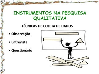 INSTRUMENTOS NA PESQUISA
QUALITATIVA
TÉCNICAS DE COLETA DE DADOS
• Observação

• Entrevista
• Questionário

 