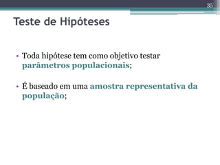 • Toda hipótese tem como objetivo testar 
parâmetros populacionais; 
• É baseado em uma amostra representativa da 
população; 
35 
Teste de Hipóteses 
 
