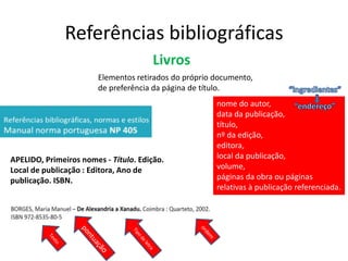 Referências bibliográficas
                                      Livros
                       Elementos retirados do próprio documento,
                       de preferência da página de título.
                                                      nome do autor,
                                                      data da publicação,
                                                      título,
                                                      nº da edição,
                                                      editora,
APELIDO, Primeiros nomes - Título. Edição.            local da publicação,
Local de publicação : Editora, Ano de                 volume,
publicação. ISBN.                                     páginas da obra ou páginas
                                                      relativas à publicação referenciada.
 