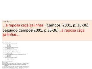 citações:

…a raposa caça galinhas (Campos, 2001, p. 35-36).
Segundo Campos(2001, p.35-36)…a raposa caça
galinhas…
 