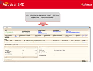 3
Pesquisar EMD
Se a numeração do EMD estiver correta , após clicar
em Pesquisar o sistema abrirá o EMD.
 