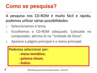 Como se pesquisa?A pesquisa nos CD-ROM é muito fácil e rápida, podemos utilizar várias possibilidades:Seleccionamos o tema.Escolhemos o CD-ROM adequado. Colocado no computador, abrimo-lo na “Unidade de Disco”.Aparece a página principal e o menu principal. Podemos seleccionar por:- menu temático;- palavra-chave;- Índice.BE/CRE Agrupamento de Escolas de Arões – 2010-2011