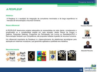 A PEOPLEUP

Histórico
A Peopleup é o resultado da integração de consultores renomados e de larga experiência no
mercado de remuneração e recursos humanos.


Nosso diferencial                                                                               Francisco Pescuma


A PEOPLEUP desenvolve projetos adequados às necessidades de cada cliente, considerando a
simplicidade ou a complexidade exigida em cada situação, desde Planos de Cargos e
Salários, Pesquisas Salariais, Programas de Participação nos Lucros ou Resultados-PLR e
Remuneração Variável e por Competência, até propostas voltadas à gestão de recursos humanos.
                                                                                                    Paulo R. Xavier
Um diferencial importante da Peopleup é o desenvolvimento de plataformas tecnológicas para
aplicação em sistemas inovadores, que garantirão agilidade e qualidade aos trabalhos.




Reconhecimento
                                                                                                Alexandre Pescuma




                                                                                               18
 