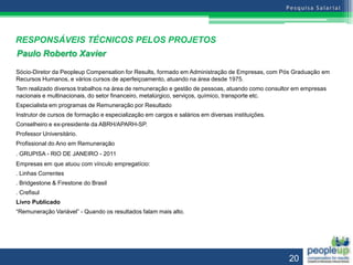 RESPONSÁVEIS TÉCNICOS PELOS PROJETOS
Paulo Roberto Xavier
Sócio-Diretor da Peopleup Compensation for Results, formado em Administração de Empresas, com Pós Graduação em
Recursos Humanos, e vários cursos de aperfeiçoamento, atuando na área desde 1975.
Tem realizado diversos trabalhos na área de remuneração e gestão de pessoas, atuando como consultor em empresas
nacionais e multinacionais, do setor financeiro, metalúrgico, serviços, químico, transporte etc.
Especialista em programas de Remuneração por Resultado
Instrutor de cursos de formação e especialização em cargos e salários em diversas instituições.
Conselheiro e ex-presidente da ABRH/APARH-SP.
Professor Universitário.
Profissional do Ano em Remuneração
. GRUPISA - RIO DE JANEIRO - 2011
Empresas em que atuou com vínculo empregatício:
. Linhas Correntes
. Bridgestone & Firestone do Brasil
. Crefisul
Livro Publicado
“Remuneração Variável” - Quando os resultados falam mais alto.




                                                                                                  20
 