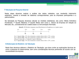 7-Tabulação da Pesquisa Salarial

Nesta etapa devemos realizar a análise dos dados coletados, que receberão tratamento
estatístico, visando à emissão de relatórios correspondentes, para as empresas participantes e a
patrocinadora.

Na tabulação da Pesquisa devemos calcular as medidas estatísticas, tais como: Média Aritmética
Ponderada; 1º Quartil; Mediana; 3º Quartil; Moda; bem como o Desvio da Empresa em relação ao
Mercado; etc., considerando-se o salário base e a remuneração informada.




 8-Elaboração do Relatório de Tabulação

 Nesta fase devemos elaborar o Relatório de Tabulação, que deve conter as explicações técnicas de
 como a pesquisa foi desenvolvida, bem como considerações técnicas pertinentes de acordo com as
 necessidades da empresa.



                                                                                   6
 