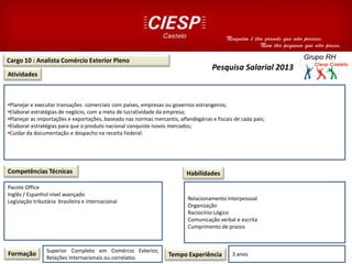 Cargo 10 : Analista Comércio Exterior Pleno
Atividades
Competências Técnicas
Formação Superior Completo em Comércio Exterior,
Relações Internacionais ou correlatos Tempo Experiência 3 anos
Habilidades
Pesquisa Salarial 2013
•Planejar e executar transações comerciais com países, empresas ou governos estrangeiros;
•Elaborar estratégias de negócio, com a meta de lucratividade da empresa;
•Planejar as importações e exportações, baseado nas normas mercantis, alfandegárias e fiscais de cada país;
•Elaborar estratégias para que o produto nacional conquiste novos mercados;
•Cuidar da documentação e despacho na receita Federal.
Pacote Office
Inglês / Espanhol nível avançado
Legislação tributária brasileira e internacional
14626
Relacionamento Interpessoal
Organização
Raciocínio Lógico
Comunicação verbal e escrita
Cumprimento de prazos
 