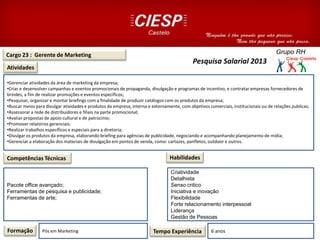 Cargo 23 : Gerente de Marketing
Atividades
Competências Técnicas
•Gerenciar atividades da área de marketing da empresa;
•Criar e desenvolver campanhas e eventos promocionais de propaganda, divulgação e programas de incentivo, e contratar empresas fornecedores de
brindes, a fim de realizar promoções e eventos específicos;
•Pesquisar, organizar e montar briefings com a finalidade de produzir catálogos com os produtos da empresa;
•Buscar meios para divulgar atividades e produtos da empresa, interna e externamente, com objetivos comerciais, institucionais ou de relações publicas;
•Assessorar a rede de distribuidores e filiais na parte promocional;
•Avaliar propostas de apoio cultural e de patrocínio;
•Promover relatórios gerenciais.
•Realizar trabalhos específicos e especiais para a diretoria;
•Divulgar os produtos da empresa, elaborando briefing para agências de publicidade, negociando e acompanhando planejamento de mídia;
•Gerenciar a elaboração dos materiais de divulgação em pontos de venda, como: cartazes, panfletos, outdoor e outros.
Pacote office avançado;
Ferramentas de pesquisa e publicidade;
Ferramentas de arte;
Formação Pós em Marketing Tempo Experiência 6 anos
Habilidades
Criatividade
Detalhista
Senso critico
Iniciativa e inovação
Flexibilidade
Forte relacionamento interpessoal
Liderança
Gestão de Pessoas
Pesquisa Salarial 2013
 