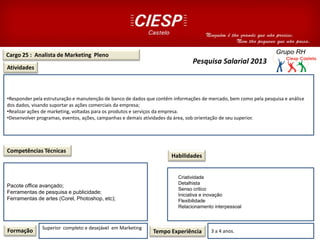 Cargo 25 : Analista de Marketing Pleno
Atividades
Competências Técnicas
•Responder pela estruturação e manutenção de banco de dados que contêm informações de mercado, bem como pela pesquisa e análise
dos dados, visando suportar as ações comerciais da empresa;
•Realizar ações de marketing, voltadas para os produtos e serviços da empresa.
•Desenvolver programas, eventos, ações, campanhas e demais atividades da área, sob orientação de seu superior.
Pacote office avançado;
Ferramentas de pesquisa e publicidade;
Ferramentas de artes (Corel, Photoshop, etc);
Formação Superior completo e desejável em Marketing
Tempo Experiência 3 a 4 anos.
Habilidades
Pesquisa Salarial 2013
Criatividade
Detalhista
Senso critico
Iniciativa e inovação
Flexibilidade
Relacionamento interpessoal
 
