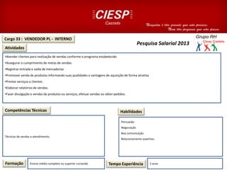 Cargo 33 : VENDEDOR PL - INTERNO
Atividades
Competências Técnicas
•Atender clientes para realização de vendas conforme o programa estabelecido
•Assegurar o cumprimento de metas de vendas.
•Registrar entrada e saída de mercadorias
•Promover venda de produtos informando suas qualidades e vantagens de aquisição de forma atrativa
•Prestar serviços a clientes
•Elaborar relatórios de vendas.
•Fazer divulgação e vendas de produtos ou serviços, efetuar vendas ou obter pedidos.
Técnicas de vendas e atendimento.
Formação Ensino médio completo ou superior cursando Tempo Experiência 2 anos
Habilidades
Persuasão
Negociação
Boa comunicação
Relacionamento assertivo.
Pesquisa Salarial 2013
 