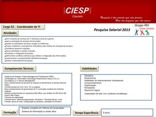 Cargo 52 : Coordenador de TI
Atividades
Competencies Técnicas
Formação Tempo Experiência 3 anos
Habilidades
Visão sistêmica;
Pesquisa Salarial 2013
•Gerir projetos de serviços de TI alinhado a área de suporte;
•Gerir a prestação de serviços terceirizados;
•Avaliar os indicadores da área e propor as melhorias;
•Propor, implantar e acompanhar indicadores para análise de evolução de serviços;
•Coordenar pessoas e equipes;
•Alocar atividades e tarefas à equipe;
•Promover a integração da equipe;
•Administrar conflitos sistêmicos que afetam a integração das informações;
•Supervisionar a produtividade individual da equipe;
•Avaliar o desempenho da equipe;
Gerência de Projetos: Project Management Professional (PMP);
Certificação em Information Technology Infrastructure Library (ITIL) v3
Foundations in IT Service Management.
Bons conhecimentos de serviços de suporte ao atendimento à clientes (Service
Desk);
Conhecimentos em SLA, OLA, ITIL e projetos;
Bons conhecimentos de governança de TI e principais modelos de melhores
práticas;
Sólidos conhecimentos em aplicativos MS Office, com ênfase em MS Word, MS
Excel e MS Project.
Técnicas de negociação
Conhecimento sistemas operacionais: Windows 7, Windows Server, Linux,
Firewall, ativos de rede, configuração de desktops, utilização de thinclient.
Disciplina;
Dinamismos;
Habilidade de relacionamento interpessoal;
Comprometimento;
Organização;
Persistente;
Raciocínio lógico;
Capacidade de lidar com variáveis simultâneas;
•Desejável especialização em Sistemas ou tecnologia da informação.•Desejável especialização em Sistemas ou tecnologia da informação.•Desejável especialização em Sistemas ou tecnologia da informação.•Desejável especialização em Sistemas ou tecnologia da informação.
Superior completo em Ciência da Computação,
Sistema de Informação ou áreas afins;
 