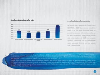 19
A realização da mulher como mãe
De acordo com a pesquisa do Grupo CAIXA
SEGUROS, 52% dos jovens brasileiros
entre 18 e 29 anos discordam total ou
parcialmente que a mulher só se realiza se
for mãe. No entanto, uma grande parcela
dos entrevistados, de 33%, tem posição
oposta e concordam total ou parcialmente
que a realização feminina tem total relação
com a maternidade.
De acordo com o Instituto Brasileiro de Geografia e Estatística (IBGE), o número de mães com mais de 40 anos cresceu 27%, entre 1991 e 2000. A
escolaridade é um dos condicionantes do comportamento da fecundidade feminina, já que as mulheres com até sete anos de estudo têm, em média, 3,19
filhos, enquanto o número de filhos das mulheres com oito anos ou mais de estudo é 1,68.
A idade média com que as mulheres têm filhos também se diferencia pela instrução: entre aquelas com menos de sete anos de estudo, a média era de
25,2 anos. Entre as que têm oito anos ou mais de escolaridade, a idade média é de 27,8, diferença de 2,6 anos. As estatísticas do IBGE mostram que,
em 1990, a idade média em que as mulheres se casaram era 22 anos. Atualmente, a média é 28 anos. Em 1980, a primeira gravidez ocorria por volta
dos 23 anos. Hoje, por volta dos 30.
A mulher só se realiza se for mãe
 