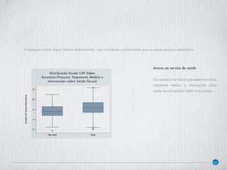 37
Acesso ao serviço de saúde
Os rapazes e as moças que sabem encontrar
tratamento médico e informações sobre
saúde sexual também obtêm mais pontos.
A pesquisa mostra alguns fatores determinantes, que contribuem positivamente para a saúde sexual e reprodutiva.
Distribuição Escala CAP Saber
Encontrar/Procurar Tratamento Médico e
informações sobre Saúde Sexual
 