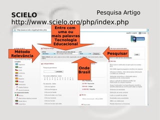 SCIELO                            Pesquisa Artigo
http://www.scielo.org/php/index.php
              Entre com
                uma ou
             mais palavras
              Tecnologia
              Educacional

 Método                              Pesquisar
Relevância


                         Onde
                         Brasil
 