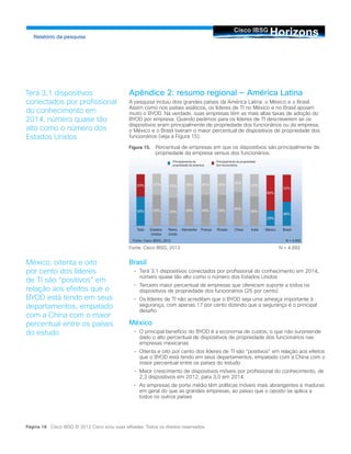 HorizonsCisco IBSG
Relatório da pesquisa
Página 18 Cisco IBSG © 2012 Cisco e/ou suas afiliadas. Todos os direitos reservados.
Apêndice 2: resumo regional — América Latina
A pesquisa incluiu dois grandes países da América Latina: o México e o Brasil.
Assim como nos países asiáticos, os líderes de TI no México e no Brasil apoiam
muito o BYOD. Na verdade, suas empresas têm as mais altas taxas de adoção do
BYOD por empresa. Quando pedimos para os líderes de TI descreverem se os
dispositivos eram principalmente de propriedade dos funcionários ou da empresa,
o México e o Brasil tiveram o maior percentual de dispositivos de propriedade dos
funcionários (veja a Figura 15).
Figura 15.	 Percentual de empresas em que os dispositivos são principalmente de
propriedade da empresa versus dos funcionários.
Fonte: Cisco IBSG, 2012			 N = 4.892
Brasil
•		 Terá 3,1 dispositivos conectados por profissional do conhecimento em 2014,
número quase tão alto como o número dos Estados Unidos
•		 Terceiro maior percentual de empresas que oferecem suporte a todos os
dispositivos de propriedade dos funcionários (25 por cento)
•		 Os líderes de TI não acreditam que o BYOD seja uma ameaça importante à
segurança, com apenas 17 por cento dizendo que a segurança é o principal
desafio
México
•		 O principal benefício do BYOD é a economia de custos, o que não surpreende
dado o alto percentual de dispositivos de propriedade dos funcionários nas
empresas mexicanas
•		 Oitenta e oito por cento dos líderes de TI são “positivos” em relação aos efeitos
que o BYOD está tendo em seus departamentos, empatado com a China com o
maior percentual entre os países do estudo
•		 Maior crescimento de dispositivos móveis por profissional do conhecimento, de
2,3 dispositivos em 2012, para 3,0 em 2014.
•		 As empresas de porte médio têm políticas móveis mais abrangentes e maduras
em geral do que as grandes empresas, ao passo que o oposto se aplica a
todos os outros países
Terá 3,1 dispositivos
conectados por profissional
do conhecimento em
2014, número quase tão
alto como o número dos
Estados Unidos
México: oitenta e oito
por cento dos líderes
de TI são “positivos” em
relação aos efeitos que o
BYOD está tendo em seus
departamentos, empatado
com a China com o maior
percentual entre os países
do estudo
Fonte: Cisco IBSG, 2012 N = 4,892
Principalmente de
propriedade da empresa
Principalmente de propriedade
dos funcionários
Total Estados
Unidos
Reino
Unido
Alemanha França Rússia China Índia México Brasil
 