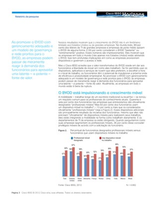 Nossos resultados mostram que o crescimento do BYOD não é um fenômeno
limitado aos Estados Unidos ou às grandes empresas. No mundo todo, 89 por
cento dos líderes de TI de grandes empresas e empresas de porte médio apoiam
o BYOD de alguma forma. E 69 por cento consideram o BYOD “bastante” ou
“extremamente” positivo. Esses números são impressionantes. Eles mostram que
as empresas em todo o mundo (não apenas nos Estados Unidos) estão adotando
o BYOD. Isso tem profundas implicações em como as empresas provisionam
dispositivos e governam o acesso à rede.
Mas o Cisco IBSG acredita que o valor transformativo do BYOD reside em dar aos
funcionários a liberdade de inovar em como eles trabalham. Se for permitido usar os
dispositivos, aplicativos e serviços de nuvem que eles preferem, e escolher a hora
e o local de trabalho, os funcionários têm o potencial de impulsionar a próxima onda
de eficiência e produtividade empresarial. Ao promover o BYOD com gerenciamento
adequado e um modelo de governança e rede prontos para o BYOD, as empresas
podem passar de meramente reagir à demanda dos funcionários para aproveitar
uma latente — e potente — fonte de valor. Atualmente, as empresas em todo o
mundo estão à beira da ruptura.
O BYOD está impulsionando o crescimento móvel
A mobilidade — trabalhar longe de um escritório tradicional ou local fixo — se tornou
um requisito comum para os profissionais do conhecimento atuais. Quarenta e
sete por cento dos funcionários nas empresas que entrevistamos são oficialmente
designados “profissionais móveis”. Mas 60 por cento dos funcionários usam
um dispositivo móvel no trabalho5
— 13 por cento a mais que os considerados
oficialmente “profissionais móveis” (veja a Figura 2). Esses dispositivos adicionais
são principalmente resultado da iniciativa dos funcionários: mesmo que eles não
precisam “oficialmente” de dispositivos móveis para realizarem seus trabalhos,
eles estão integrando a mobilidade na forma como trabalham diariamente. E os
departamentos de TI da empresa os estão obrigando. Quando perguntamos como
suas empresas segmentam os profissionais móveis, 36 por cento disse conceder
privilégios móveis de acordo com a solicitação do funcionário.
Figura 2.	 Percentual de funcionários designados profissionais móveis versus
funcionários que usam dispositivos móveis no trabalho.
Fonte: Cisco IBSG, 2012			 N = 4.892
HorizonsCisco IBSG
Relatório da pesquisa
Ao promover o BYOD com
gerenciamento adequado e
um modelo de governança
e rede prontos para o
BYOD, as empresas podem
passar de meramente
reagir à demanda dos
funcionários para aproveitar
uma latente — e potente —
fonte de valor.
Página 3 Cisco IBSG © 2012 Cisco e/ou suas afiliadas. Todos os direitos reservados.
Profissional móvel
designado
Usa dispositivo móvel
no trabalho
Total Estados
Unidos
Reino
Unido
Alemanha França Rússia China Índia México Brasil
 