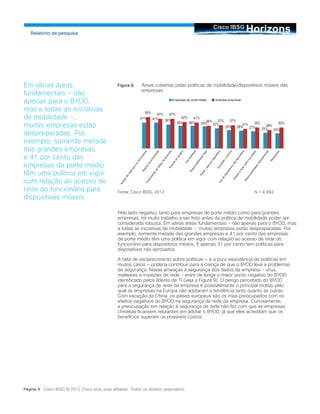 HorizonsCisco IBSG
Relatório da pesquisa
Página 9 Cisco IBSG © 2012 Cisco e/ou suas afiliadas. Todos os direitos reservados.
Figura 8.	 Áreas cobertas pelas políticas de mobilidade/dispositivos móveis das
empresas.
Fonte: Cisco IBSG, 2012			 N = 4.892
Pelo lado negativo, tanto para empresas de porte médio como para grandes
empresas, há muito trabalho a ser feito antes da política de mobilidade poder ser
considerada robusta. Em várias áreas fundamentais - não apenas para o BYOD, mas
a todas as iniciativas de mobilidade -, muitas empresas estão despreparadas. Por
exemplo, somente metade das grandes empresas e 41 por cento das empresas
de porte médio têm uma política em vigor com relação ao acesso de rede do
funcionário para dispositivos móveis. E apenas 31 por cento tem políticas para
dispositivos não aprovados.
A falta de esclarecimento sobre políticas — e a pura inexistência de políticas em
muitos casos — poderia contribuir para a crença de que o BYOD leva a problemas
de segurança. Novas ameaças à segurança dos dados da empresa - vírus,
malwares e invasões de rede - eram de longe o maior ponto negativo do BYOD
identificado pelos líderes de TI (veja a Figura 9). O perigo percebido do BYOD
para a segurança de rede da empresa é possivelmente o principal motivo pelo
qual as empresas na Europa não adotaram a tendência tanto quanto as outras.
Com exceção da China, os países europeus são os mais preocupados com os
efeitos negativos do BYOD na segurança da rede da empresa. Curiosamente,
a preocupação em relação à segurança de rede não fez com que as empresas
chinesas ficassem relutantes em adotar o BYOD, já que eles acreditam que os
benefícios superam os possíveis custos.
Em várias áreas
fundamentais - não
apenas para o BYOD,
mas a todas as iniciativas
de mobilidade -,
muitas empresas estão
despreparadas. Por
exemplo, somente metade
das grandes empresas
e 41 por cento das
empresas de porte médio
têm uma política em vigor
com relação ao acesso de
rede do funcionário para
dispositivos móveis.
Empresas de porte médio Grandes empresas
Acessoderedeparaosfuncionários
Regrasdeprivacidade
TransmissãodedadosdaempresaSuporteaousuário
Usoaceitável
Responsabilidadelegal
Perda/danoaodispositivoAquisição/procura
Usodedispositivosnãoaprovados
Acessoàredecomoconvidado
Responsabilidadedepartamental
Reembolso
 