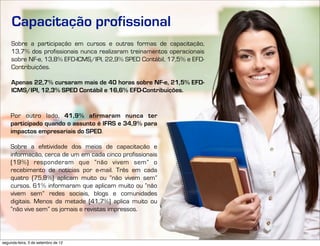 Capacitação profissional
     Sobre a participação em cursos e outras formas de capacitação,
     13,7% dos profissionais nunca realizaram treinamentos operacionais
     sobre NF-e, 13,8% EFD-ICMS/IPI, 22,9% SPED Contábil, 17,5% e EFD-
     Contribuições.

     Apenas 22,7% cursaram mais de 40 horas sobre NF-e, 21,5% EFD-
     ICMS/IPI, 12,3% SPED Contábil e 16,6% EFD-Contribuições.


    Por outro lado, 41,9% afirmaram nunca ter
    participado quando o assunto é IFRS e 34,9% para
    impactos empresariais do SPED.

    Sobre a efetividade dos meios de capacitação e
    informação, cerca de um em cada cinco profissionais
    (19%) responderam que “não vivem sem” o
    recebimento de notícias por e-mail. Três em cada
    quatro (75,8%) aplicam muito ou “não vivem sem”
    cursos. 61% informaram que aplicam muito ou “não
    vivem sem” redes sociais, blogs e comunidades
    digitais. Menos da metade (41,7%) aplica muito ou
    “não vive sem” os jornais e revistas impressos.



                                     Edgar Madruga, Edson Lima, Fernando Sampaio, Jorge Campos, José Adriano Pinto, Mauro Negruni, Roberto Dias Duarte, Tânia Gurgel e Tiago Coelho
segunda-feira, 3 de setembro de 12
 