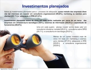 Investimentos planejados
       Sobre os investimentos planejados para o processo de adequação, quase metade das empresas disse
       não ter interesse em investir em consultoria organizacional (45,9%), marketing ou eventos para
       clientes (45,1%) e adequação à IFRS (41,4%).

       Investimentos planejados acima de cinco mil reais serão realizados por cerca de um terço das
       empresas em infraestrutura tecnológica (33%), sistemas de informação (32,5%) e capacitação de
       funcionários (30,3%).
                                            Uma em cada quatro planeja investir acima deste valor em
                                            consultoria tributária/contábil (26,2%), consultoria sobre SPED
                                            (26,1%) e consultoria em tecnologia (24,2%).

                                                                                                                          Menos de um quinto investirá mais de
                                                                                                                          cinco mil reais em marketing e eventos
                                                                                                                          para clientes (21,5%), adequação à IFRS
                                                                                                                          (20,9%)     e consultoria organizacional
                                                                                                                          (20,8%).




                                     Edgar Madruga, Edson Lima, Fernando Sampaio, Jorge Campos, José Adriano Pinto, Mauro Negruni, Roberto Dias Duarte, Tânia Gurgel e Tiago Coelho
segunda-feira, 3 de setembro de 12
 