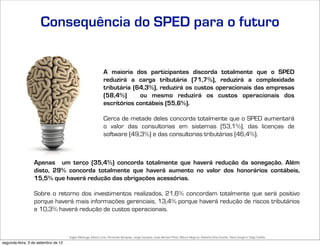 Consequência do SPED para o futuro


                                                             A maioria dos participantes discorda totalmente que o SPED
                                                             reduzirá a carga tributária (71,7%), reduzirá a complexidade
                                                             tributária (64,3%), reduzirá os custos operacionais das empresas
                                                             (58,4%)      ou mesmo reduzirá os custos operacionais dos
                                                             escritórios contábeis (55,6%).

                                                             Cerca de metade deles concorda totalmente que o SPED aumentará
                                                             o valor das consultorias em sistemas (53,1%), das licenças de
                                                             software (49,3%) e das consultorias tributárias (46,4%).



                 Apenas um terço (35,4%) concorda totalmente que haverá redução da sonegação. Além
                 disto, 29% concorda totalmente que haverá aumento no valor dos honorários contábeis,
                 15,5% que haverá redução das obrigações acessórias.

                 Sobre o retorno dos investimentos realizados, 21,6% concordam totalmente que será positivo
                 porque haverá mais informações gerenciais, 13,4% porque haverá redução de riscos tributários
                 e 10,3% haverá redução de custos operacionais.



                                     Edgar Madruga, Edson Lima, Fernando Sampaio, Jorge Campos, José Adriano Pinto, Mauro Negruni, Roberto Dias Duarte, Tânia Gurgel e Tiago Coelho
segunda-feira, 3 de setembro de 12
 