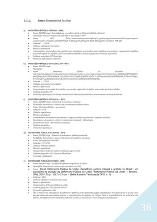 38
1.3..2. Entes Essenciais à Justiça
a) MINISTÉRIO PÚBLICO FEDERAL – MPF
 Nome: DISJ.NPo.mpf - Quantidade de operadores do SJ no Ministério Público Federal
 Finalidade: Indicar o número de operadores da Justiça no MPF
 Fonte: MPF http://www.transparencia.mpf.mp.br/gestao-e-gastos-com-pessoal/cargos-vagos-e-
ocupados/2014/outubro/pdf/D017%20-%20Cargos%20Vagos%20e%20Ocupados-membros-PDF.pdf
 Data doc: 11/2014
 Unidade: operadores da Justiça
 Métrica: quantidade
 Componentes: procuradores da república nos municípios, procuradores da república, procuradores regionais da república,
procurador geral da república, procuradores da república com atuação junto a tribunais superiores
 Unidade geográfica: UF, Município
 Forma de equalização: nenhuma
b) MINISTÉRIO PÚBLICO DO TRABALHO – MPT
 Nome: DISJ.NPo.mpf
 Finalidade:
 Fonte: Ministério Público do Trabalho -
http://portal.mpt.gov.br/wps/portal/portal_do_mpt/sobre_o_mpt/mpt_transparente/!ut/p/c5/04_SB8K8xLLM9MSSzPy8
xBz9CP0os3hH92BPJydDRwN_E3cjA88QU1N3L7OgMJcQQ6B8JE55n2ATCnSHOpoSo9sAB3A0IKA7HORX_G7HIw92HUgej_
1-Hvm5qfoFuaGhEQaZAemOiooA_65dGw!!/dl3/d3/L2dBISEvZ0FBIS9nQSEh/
 Data doc: 11/2013
 Unidade: procurador do trabalho
 Métrica: quantidade
 Componentes: procurador do trabalho, procurador regional do trabalho, procurador geral do trabalho.
 Unidade geográfica: UF
 Forma de equalização: não foram consideradas informações relativas a procuradores em situação inativa.
c) MINISTÉRIO PÚBLICO ESTADUAL – MPE
 Nome: DISJ.NPo.mpe - número de promotores estaduais
 Finalidade: demonstrar o número de promotores estaduais ativos
 Fonte: Ministério Público - um retrato:
 Data doc: 2014
 Unidade: operadores
 Métrica: quantidade
 Componentes: promotores em exercício - cargos providos em primeira e segunda instância
 1a instância (promotores cíveis + promotores criminais) + 2a Instância
 (promotores cíveis + promotores criminais)
 Unidade geográfica:
 Forma de equalização
d) DEFENSORIA PÚBLICA ESTADUAL – DPE
 Nome: DISJ.NPo.dpe - Número de defensores públicos estaduais
 Finalidade: demonstrar o número de defensores públicos estaduais
 Fonte: levantamento ANADEP
 Data doc: 19/11/14
 Unidade: defensor público
 Métrica: quantidade
 Componentes: defensor público estadual, cargo provido
 Unidade geográfica: UF; Comarca; Município
 Forma de equalização:
e) DEFENSORIA PÚBLICA DA UNIÃO – DPU
 Nome: DISJ.NPo.dpu - Número de defensores públicos da União
 Finalidade: demonstrar o número de operadores na DPU
 Fonte: Brasil. Defensoria Pública da União. Assistência jurídica integral e gratuita no Brasil : um
panorama da atuação da Defensoria Pública da União / Defensoria Pública da União. – Brasília :
DPU, 2014. 75 p. : 29,7 x 21 cm. – (Série Estudos Técnicos da DPU, n. 1)
 Data doc: 2014
 Unidade: operador do Sistema de Justiça
 Métrica: quantidade
 Componentes: defensor público da união
 Unidade geográfica: UF; unidade da DPU
 Forma de equalização: não.
 Obs. O número de advogados e de defensores públicos pode apresentar dupla contabilização dos defensores, já que há casos
em que estes não necessitam solicitar o cancelamento do registro na Ordem. Dada a impossibilidade de separação dos
valores, os registros foram mantidos conforme a coleta, aceitando-se o risco da dupla contabilização
 