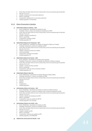 44
 Fonte: Banco de Dados Atlas do Acesso à Justiça http://www.acessoajustica.gov.br/pentaho
 Data doc: 01/12/14
 Unidade: Auditorias de circunscrições judiciárias
 Métrica: quantidade
 Componentes: Auditorias de circusncrições judiciárias
 Unidade geográfica: UF, Município
3.4.2. Entes Essenciais à Justiça
a) MINISTÉRIO PÚBLICO FEDERAL - MPF
 Nome: DISJ.QU.mpf - Quantidade de Unidades do mpf
 Finalidade: Indicar o número de unidades de atendimento do MPF
 Fonte: Banco de Dados Atlas do Acesso à Justiça http://www.acessoajustica.gov.br/pentaho
 Data doc: 01/12/14
 Unidade: unidade de atendimento
 Métrica: quantidade
 Componentes: unidades do MPF
 Unidade geográfica: UF
b) MINISTÉRIO PÚBLICO DO TRABALHO - MPT
 Nome: DISJ.QU.mpt - quantidade de unidades do Ministério Público do Trabalho
 Finalidade: demonstrar o número de unidades do MPT
 Fonte: Banco de Dados Atlas do Acesso à Justiça http://www.acessoajustica.gov.br/pentaho
 Data doc: 01/12/14
 Unidade: subseções da Justiça do trabalho
 métrica:quantidade
 Componentes: subseções do trabalho
 Unidade geográfica: UF
c) MINISTÉRIO PÚBLICO ESTADUAL - MPE
 Nome: DISJ.QU.je - Quantidade de Unidades Justiça Estadual
 Finalidade: demonstrar o número de unidades dos Ministérios Públicos estaduais
 Fonte: Banco de Dados Atlas do Acesso à Justiça http://www.acessoajustica.gov.br/pentaho
 Data doc: 01/12/14
 Unidade: comarca da Justiça estadual
 Métrica: quantidade
 Componentes: sedes de comarca da Justiça estadual
 Unidade geográfica: UF
d) MINISTÉRIO PÚBLICO MILITAR
 Nome: DISJ.QU.mpm - Quantidade de Unidades Ministério Público Militar
 Finalidade: demonstrar o número de unidades do MPM
 Fonte: Banco de Dados Atlas do Acesso à Justiça http://www.acessoajustica.gov.br/pentaho
 Data doc: 01/12/14
 Unidade:
 Métrica:
 Componentes:
 Unidade geográfica:
e) DEFENSORIA PÚBLICA ESTADUAL - DPE
 Nome: DISJ.QU.dpe - Quantidade de Unidades da Defensoria Pública Estadual
 Finalidade: demonstrar o número de unidades onde é realizado atendimento da DPE
 Fonte: Banco de Dados Atlas do Acesso à Justiça http://www.acessoajustica.gov.br/pentaho
 Data doc: 01/12/14
 Unidade: unidades de atendimento da DPE
 Métrica: quantidade
 Componentes: soma de unidades da DPE UF
 Unidade geográfica: UF, município
f) DEFENSORIA PÚBLICA DA UNIÃO - DPU
 Nome: DISJ.QU.dpu - Quantidade de Unidades da DPU
 Finalidade: demonstrar o número de unidades da DPU
 Fonte: Banco de Dados Atlas do Acesso à Justiça http://www.acessoajustica.gov.br/pentaho
 Data doc: 01/12/14
 Unidade: unidades da DPU
 Métrica: quantidade
 Componentes: endereços de unidade da DPU
 Unidade geográfica: UF, MUNICÍPIO
g) ORDEM DOS ADVOGADOS DO BRASIL - OAB
 