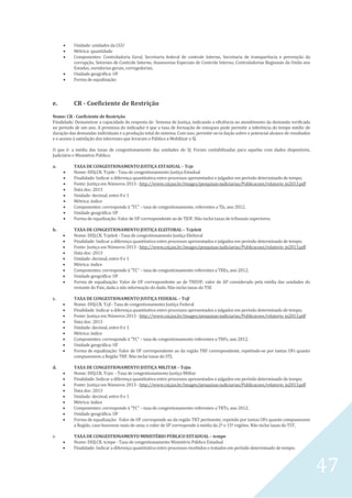 47
 Unidade: unidades da CGU
 Métrica: quantidade
 Componentes: Controladoria Geral, Secretaria federal de controle Interno, Secretaria de transparência e prevenção da
corrupção, Setoriais de Controle Interno, Assessorias Especiais de Controle Interno, Controladorias Regionais da União nos
Estados, ouvidorias gerais, corregedorias,
 Unidade geográfica: UF
 Forma de equalização:
e. CR - Coeficiente de Restrição
Nome: CR - Coeficiente de Restrição
Finalidade: Demonstrar a capacidade de resposta do Sistema de Justiça, indicando a eficiência no atendimento da demanda verificada
no período de um ano. A premissa do indicador é que a taxa de formação de estoques pode permitir a inferência do tempo médio de
duração das demandas individuais e a produção total do sistema. Com isso, permitir-se-ia ilação sobre o potencial alcance de resultados
e o acesso à satisfação dos interesses que levaram o Público a Mobilizar o SJ.
O que é: a média das taxas de congestionamento das unidades do SJ. Foram contabilizadas para aquelas com dados disponíveis,
Judiciário e Ministério Público.
a. TAXA DE CONGESTIONAMENTO JUSTIÇA ESTADUAL – Tcje
 Nome: DISJ.CR. Tcjele - Taxa de congestionamento Justiça Estadual
 Finalidade: Indicar a diferença quantitativa entre processos apresentados e julgados em período determinado de tempo;
 Fonte: Justiça em Números 2013 - http://www.cnj.jus.br/images/pesquisas-judiciarias/Publicacoes/relatorio_jn2013.pdf
 Data doc: 2013
 Unidade: decimal, entre 0 e 1
 Métrica: índice
 Componentes: corresponde à “TC” – taxa de congestionamento, referentes a TJs, ano 2012.
 Unidade geográfica: UF
 Forma de equalização: Valor de UF correspondente ao de TJUF. Não inclui taxas de tribunais superiores.
b. TAXA DE CONGESTIONAMENTO JUSTIÇA ELEITORAL – Tcjeleit
 Nome: DISJ.CR. Tcjeleit - Taxa de congestionamento Justiça Eleitoral
 Finalidade: Indicar a diferença quantitativa entre processos apresentados e julgados em período determinado de tempo;
 Fonte: Justiça em Números 2013 - http://www.cnj.jus.br/images/pesquisas-judiciarias/Publicacoes/relatorio_jn2013.pdf
 Data doc: 2013
 Unidade: decimal, entre 0 e 1
 Métrica: índice
 Componentes: corresponde à “TC” – taxa de congestionamento referentes a TREs, ano 2012.
 Unidade geográfica: UF
 Forma de equalização: Valor de UF correspondente ao de TREUF; valor de AP considerado pela média das unidades do
restante do País, dada a não informação do dado. Não inclui taxas do TSE
c. TAXA DE CONGESTIONAMENTO JUSTIÇA FEDERAL – Tcjf
 Nome: DISJ.CR. Tcjf - Taxa de congestionamento Justiça Federal
 Finalidade: Indicar a diferença quantitativa entre processos apresentados e julgados em período determinado de tempo;
 Fonte: Justiça em Números 2013 - http://www.cnj.jus.br/images/pesquisas-judiciarias/Publicacoes/relatorio_jn2013.pdf
 Data doc: 2013
 Unidade: decimal, entre 0 e 1
 Métrica: índice
 Componentes: corresponde à “TC” – taxa de congestionamento referentes a TRFs, ano 2012.
 Unidade geográfica: UF
 Forma de equalização: Valor de UF correspondente ao da região TRF correspondente, repetindo-se por tantas UFs quanto
compusessem a Região TRF. Não inclui taxas do STJ.
d. TAXA DE CONGESTIONAMENTO JUSTIÇA MILITAR – Tcjm
 Nome: DISJ.CR. Tcjm - Taxa de congestionamento Justiça Militar
 Finalidade: Indicar a diferença quantitativa entre processos apresentados e julgados em período determinado de tempo;
 Fonte: Justiça em Números 2013 - http://www.cnj.jus.br/images/pesquisas-judiciarias/Publicacoes/relatorio_jn2013.pdf
 Data doc: 2013
 Unidade: decimal, entre 0 e 1
 Métrica: índice
 Componentes: corresponde à “TC” – taxa de congestionamento referentes a TRTs, ano 2012.
 Unidade geográfica: UF
 Forma de equalização: Valor de UF corresponde ao da região TRT pertinente, repetido por tantas UFs quanto compusessem
a Região, caso houvesse mais de uma; o valor de SP corresponde à média da 2ª e 15ª regiões. Não inclui taxas do TST.
e. TAXA DE CONGESTIONAMENTO MINISTÉRIO PÚBLICO ESTADUAL – tcmpe
 Nome: DISJ.CR. tcmpe - Taxa de congestionamento Ministério Público Estadual
 Finalidade: Indicar a diferença quantitativa entre processos recebidos e tratados em período determinado de tempo;
 