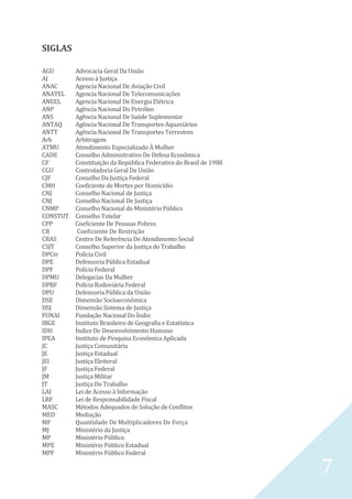7
SIGLAS
AGU Advocacia Geral Da União
AJ Acesso à Justiça
ANAC Agencia Nacional De Aviação Civil
ANATEL Agencia Nacional De Telecomunicações
ANEEL Agencia Nacional De Energia Elétrica
ANP Agência Nacional Do Petróleo
ANS Agência Nacional De Saúde Suplementar
ANTAQ Agência Nacional De Transportes Aquaviários
ANTT Agência Nacional De Transportes Terrestres
Arb Arbitragem
ATMU Atendimento Especializado À Mulher
CADE Conselho Administrativo De Defesa Econômica
CF Constituição da República Federativa do Brasil de 1988
CGU Controladoria Geral Da União
CJF Conselho Da Justiça Federal
CMH Coeficiente de Mortes por Homicídio
CNJ Conselho Nacional de Justiça
CNJ Conselho Nacional De Justiça
CNMP Conselho Nacional do Ministério Público
CONSTUT Conselho Tutelar
CPP Coeficiente De Pessoas Pobres
CR Coeficiente De Restrição
CRAS Centro De Referência De Atendimento Social
CSJT Conselho Superior da Justiça do Trabalho
DPCiv Polícia Civil
DPE Defensoria Pública Estadual
DPF Polícia Federal
DPMU Delegacias Da Mulher
DPRF Polícia Rodoviária Federal
DPU Defensoria Pública da União
DSE Dimensão Socioeconômica
DSJ Dimensão Sistema de Justiça
FUNAI Fundação Nacional Do Índio
IBGE Instituto Brasileiro de Geografia e Estatística
IDH Índice De Desenvolvimento Humano
IPEA Instituto de Pesquisa Econômica Aplicada
JC Justiça Comunitária
JE Justiça Estadual
JEl Justiça Eleitoral
JF Justiça Federal
JM Justiça Militar
JT Justiça Do Trabalho
LAI Lei de Acesso à Informação
LRF Lei de Responsabilidade Fiscal
MASC Métodos Adequados de Solução de Conflitos
MED Mediação
MF Quantidade De Multiplicadores De Força
MJ Ministério da Justiça
MP Ministério Público
MPE Ministério Público Estadual
MPF Ministério Público Federal
 