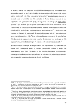 19
A sentença da AIJ nos processos de homicídio doloso pode ser de quatro tipos:
absolvição, quando os fatos apresentados demonstram que não houve crime e/ou o
sujeito incriminado não foi o responsável pelo delito;31
desclassificação, quando se
constata que o homicídio não foi praticado de forma dolosa, devendo o seu
julgamento ser operacionalizado pelo juiz singular e não pelo júri;32
impronúncia,
quando o juiz entende que as provas apresentadas não foram suficientes para a
continuidade do caso no fluxo de processamento, devendo o mesmo aguardar até que
novos indícios de autoria e materialidade do delito apareçam;33
e pronúncia, que
consiste na chancela da necessidade de apreciação do caso pelo júri, por se tratar de
um crime doloso contra a vida.34
Uma quinta opção de encerramento da primeira fase
foi observada: o arquivamento entre o aceite da denúncia e a sentença da AIJ,
especialmente, em razão da extinção do processo pelo assassinato do acusado.35
A distribuição das sentenças de AIJ por cidade está representada no Gráfico 13, que
indica certa divergência entre as cidades pesquisadas quanto à forma de
encerramento dessa fase. Em Belém, há um elevado quantitativo de absolvições;
enquanto em Goiânia existe um baixo número de impronúncias, quando esses padrões
são comparados aos apresentados pelas demais localidades.
31
CPP, Art. 415. O juiz, fundamentadamente, absolverá desde logo o acusado, quando: I – provada a inexistência
do fato; II – provado não ser ele autor ou partícipe do fato; III – o fato não constituir infração penal; IV –
demonstrada causa de isenção de pena ou de exclusão do crime.
32
CPP, Art. 419. Quando o juiz se convencer, em discordância com a acusação, da existência de crime diverso dos
referidos no § 1o do art. 74 deste Código e não for competente para o julgamento, remeterá os autos ao juiz que o
seja.
33
CPP, Art. 414. Não se convencendo da materialidade do fato ou da existência de indícios suficientes de autoria ou
de participação, o juiz, fundamentadamente, impronunciará o acusado. Parágrafo único. Enquanto não ocorrer a
extinção da punibilidade, poderá ser formulada nova denúncia ou queixa se houver prova nova.
34
CPP, Art. 413. O juiz, fundamentadamente, pronunciará o acusado, se convencido da materialidade do fato e da
existência de indícios suficientes de autoria ou de participação.
35
CPP, Art. 62. No caso de morte do acusado, o juiz somente à vista da certidão de óbito, e depois de ouvido o
Ministério Público, declarará extinta a punibilidade.
 