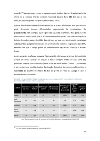 27
duração.40
Segundo essas regras, o processo penal, desde a data do descobrimento do
crime até a sentença final do júri (sem recursos), deveria durar 316 dias para o réu
solto, ou 296 dias para o réu preso (Ribeiro et al, 2010).
Apesar da existência dessas balizas temporais, a prática efetiva dos atos processuais
pode demandar tempos diferenciados, dependendo da complexidade do
procedimento. Por exemplo, ouvir o principal suspeito do crime na fase policial pode
consumir um tempo maior que os 30 dias estabelecidos para a conclusão do Inquérito
Policial, levando o caso à lentidão. Esse atraso, por sua vez, tem impacto nas etapas
subsequentes, que já serão iniciadas em um momento posterior ao prescrito pelo CPP,
fazendo com que o tempo global de processamento seja muito superior às balizas
legais.
Assim, uma das tarefas da pesquisa “Mensurando o tempo do processo de homicídio
doloso em cinco capitais” foi calcular o lapso temporal médio de cada uma das
principais fases de processamento (o que pode ser verificado no Quadro 1), com vistas
a apresentar uma medida objetiva da duração dos autos, bem como problematizar o
significado da quantidade média de dias do ponto de vista da Justiça, o que é
eminentemente subjetivo.
Quadro 1 – Tempo médio (em dias) de cada fase de processamento, por capital - processos de homicídio doloso
baixados em 2013 nas cinco cidades pesquisadas
Cidade
Descoberta
do crime
Inquérito
Policial
Distribuição
Judicial
Oferecimento
da denúncia
Primeira fase
judicial
(pronúncia)
Segunda
fase
judicial
(Júri)
Duração
global
Belém 19 147 96 139 1155 713 2269
Belo
Horizonte
22 700 22 81 786 1792 3403
Goiânia 15 244 30 107 1341 1297 3034
Porto
Alegre
22 516 32 197 652 639 2058
Recife 20 302 10 65 1111 1097 2605
Fonte: Mensurando o tempo do processo de homicídio doloso em cinco capitais (CRISP/UFMG)
40
Para uma revisão desses tempos, ver Ribeiro et al (2010).
 