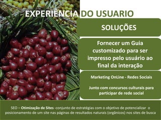 EXPERIÊNCIA DO USUARIO
                                                          SOLUÇÕES
                                                     Fornecer um Guia
                                                   customizado para ser
                                                 impresso pelo usuário ao
                                                     final da interação
                                                   Marketing OnLine - Redes Sociais

                                                  Junto com concursos culturais para
                                                       participar de rede social


   SEO – Otimização de Sites -conjunto de estratégias com o objetivo de potencializar o
posicionamento de um site nas páginas de resultados naturais (orgânicos) nos sites de busca
 