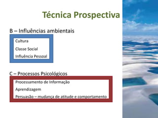 Técnica Prospectiva
B – Influências ambientais
  Cultura
  Classe Social
  Influência Pessoal



C – Processos Psicológicos
  Processamento de Informação
  Aprendizagem
  Persuasão – mudança de atitude e comportamento
 
