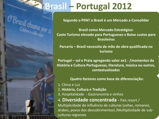 Brasil – Portugal 2012
      Segundo o PENT o Brasil é um Mercado a Consolidar

               Brasil como Mercado Estratégico:
   Custo Turismo elevado para Portugueses x Baixo custos para
                          Brasileiros
    Parceria – Brasil necessita de mão de obra qualificada no
                              turismo

   Portugal – sol e Praia agregando valor ex1 - /momentos da
   História e Cultura Portuguesas, literatura, música ou outros,
                         contextualizados

           Quatro factores como base de diferenciação:
   1. Clima e Luz
   2. História, Cultura e Tradição
   3. Hospitalidade - Gastronomia e vinhos
   4. Diversidade concentrada - País resort /
   Multiplicidade de influência de culturas (celtas, romanos,
   árabes, povos dos descobrimentos) /Multiplicidade de sub-
   culturas regionais
 