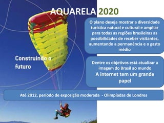 AQUARELA 2020
                                  O plano deseja mostrar a diversidade
                                   turística natural e cultural e ampliar
                                    para todas as regiões brasileiras as
                                   possibilidades de receber visitantes,
                                  aumentando a permanência e o gasto
                                                   médio

                                   Dentre os objetivos está atualizar a
                                      imagem do Brasil ao mundo
                                     A internet tem um grande
                                               papel

Até 2012, período de exposição moderada - Olimpíadas de Londres
 