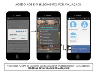 VOCÊ PODE AVALIAR OS MELHORES ESTABELECIMENTOS FAZENDO O LOGIN VIA FACEBOOK!
ISTO TORNA ESTE APLICATIVO COLABORATIVO!
ACESSO AOS ESTABELECIMENTOS POR AVALIAÇÃO!
 