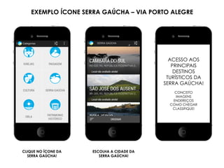 EXEMPLO ÍCONE SERRA GAÚCHA – VIA PORTO ALEGRE
ACESSO AOS
PRINCIPAIS
DESTINOS
TURÍSTICOS DA
SERRA GAÚCHA!
CONCEITO
IMAGENS
ENDEREÇOS
COMO CHEGAR
CLASSIFIQUE!
CLIQUE NO ÍCONE DA
SERRA GAÚCHA!
ESCOLHA A CIDADE DA
SERRA GAÚCHA!
 