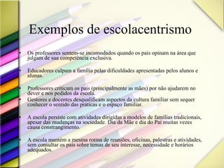 Exemplos de escolacentrismo  Os professores sentem-se incomodados quando os pais opinam na área que julgam de sua competência exclusiva. Educadores culpam a família pelas dificuldades apresentadas pelos alunos e alunas.  Professores criticam os pais (principalmente as mães) por não ajudarem no dever e nos pedidos da escola. Gestores e docentes desqualificam aspectos da cultura familiar sem sequer conhecer o sentido das práticas e o espaço familiar. A escola persiste com atividades dirigidas a modelos de famílias tradicionais, apesar das mudanças na sociedade. Dia da Mãe e dia do Pai muitas vezes causa constrangimento. A escola mantém a mesma rotina de reuniões, oficinas, palestras e atividades, sem consultar os pais sobre temas de seu interesse, necessidade e horários adequados.  