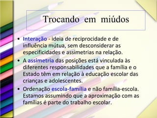 Trocando em miúdos Interação  - ideia de reciprocidade e de influência mútua, sem desconsiderar as especificidades e assimetrias na relação.  A  assimetria  das posições está vinculada às diferentes responsabilidades que a família e o Estado têm em relação à educação escolar das crianças e adolescentes.  Ordenação  escola-família  e não família-escola. Estamos assumindo que a aproximação com as famílias é parte do trabalho escolar.  