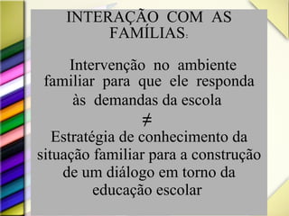INTERAÇÃO COM AS FAMÍLIAS:  Intervenção no ambiente familiar para que ele responda às  demandas da escola  ≠   Estratégia de conhecimento da situação familiar para a construção de um diálogo em torno da educação escolar  
