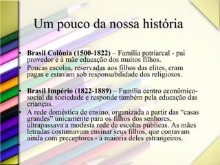 Um pouco da nossa história   Brasil Colônia (1500-1822)  – Família patriarcal - pai provedor e à mãe educação dos muitos filhos.  Poucas escolas, reservadas aos filhos das elites, eram pagas e estavam sob responsabilidade dos religiosos. Brasil Império (1822-1889)  – Família centro econômico-social da sociedade e responde também pela educação das crianças.  A rede doméstica de ensino, organizada a partir das “casas grandes” unicamente para os filhos dos senhores, ultrapassava a modesta rede de escolas públicas. As mães letradas costumavam ensinar seus filhos, que contavam ainda com preceptores - a maioria deles estrangeiros.  