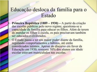 Educação desloca da família para o Estado Primeira República (1889 – 1930) –  A partir da criação das escolas públicas pelo novo regime, questiona-se a capacidade da família para educar os filhos. Além de terem de mandar os filhos à escola, os pais precisavam também ser educados e civilizados.  O Estado passa a ter um maior poder diante da família, regulando comportamentos e hábitos, até então considerados íntimos.   Apesar do discurso em favor da Educação em 1930, somente 30% dos alunos em idade escolar estavam matriculados nas escolas. 