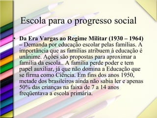 Escola para o progresso social Da Era Vargas ao Regime Militar (1930 – 1964) –  Demanda por educação escolar pelas famílias. A importância que as famílias atribuem à educação é unânime. Ações são propostas para aproximar a família da escola.. A família perde poder e tem papel auxiliar, já que não domina a Educação que se firma como Ciência. Em fins dos anos 1950, metade dos brasileiros ainda não sabia ler e apenas 50% das crianças na faixa de 7 a 14 anos freqüentava a escola primária. 