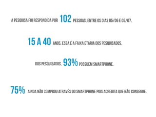 A pesquisa foi respondida por 102 pessoas, entre os dias 05/06 e 05/07.
15 a 40 anos. Essa é a faixa etária dos pesquisados.
93%Dos pesquisados, possuem smartphone.
75% ainda não comprou através do smartphone pois acredita que não consegue.
 