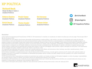 1) Este relatório foi preparado pela XP Investimentos CCTVM S.A. (“XP Investimentos”) e não deve ser considerado um relatório de análise para os fins do artigo 1º da Instrução CVM nº
483, de 6 de julho de 2010.
2) Este relatório tem como objetivo único fornecer informações macroeconômicas e análises políticas, e não constitui e nem deve ser interpretado como sendo uma oferta de
compra/venda ou como uma solicitação de uma oferta de compra/venda de qualquer instrumento financeiro, ou de participação em uma determinada estratégia de negócios em
qualquer jurisdição. As informações contidas neste relatório foram consideradas razoáveis na data em que ele foi divulgado e foram obtidas de fontes públicas consideradas confiáveis.
A XP Investimentos não dá nenhuma segurança ou garantia, seja de forma expressa ou implícita, sobre a integridade, confiabilidade ou exatidão dessas informações. Este relatório
também não tem a intenção de ser uma relação completa ou resumida dos mercados ou desdobramentos nele abordados. As opiniões, estimativas e projeções expressas neste
relatório refletem a opinião atual do responsável pelo conteúdo deste relatório na data de sua divulgação e estão, portanto, sujeitas a alterações sem aviso prévio. A XP Investimentos
não tem obrigação de atualizar, modificar ou alterar este relatório e de informar o leitor.
3) O responsável pela elaboração deste relatório certifica que as opiniões expressas nele refletem, de forma precisa, única e exclusiva, suas visões e opiniões pessoais, e foram
produzidas de forma independente e autônoma, inclusive em relação a XP Investimentos.
4) Este relatório é destinado à circulação exclusiva para a rede de relacionamento da XP Investimentos, incluindo agentes autônomos da XP e clientes da XP, podendo também ser
divulgado no site da XP. Fica proibida a sua reprodução ou redistribuição para qualquer pessoa, no todo ou em parte, qualquer que seja o propósito, sem o prévio consentimento
expresso da XP Investimentos.
5) A XP Investimentos não se responsabiliza por decisões de investimentos que venham a ser tomadas com base nas informações divulgadas e se exime de qualquer responsabilidade
por quaisquer prejuízos, diretos ou indiretos, que venham a decorrer da utilização deste material ou seu conteúdo.
6) A Ouvidoria da XP Investimentos tem a missão de servir de canal de contato sempre que os clientes que não se sentirem satisfeitos com as soluções dadas pela empresa aos seus
problemas. O contato pode ser realizado por meio do telefone: 0800 722 3710.
7) Para maiores informações sobre produtos, tabelas de custos operacionais e política de cobrança, favor acessar o nosso site: www.xpi.com.br.
Disclaimer
Richard Back
Head de Macro Sales e
Análise Política
Debora Santos
Analista Política
Erich Decat
Analista Político
Sol Azcune
Analista Política
Tomas Arias
Analista Político
Paulo Gama
Analista Político
XP POLÍTICA
@opaulogama
XP Frequência Política
@orichardback
Victor Scalet
Analista Político
 