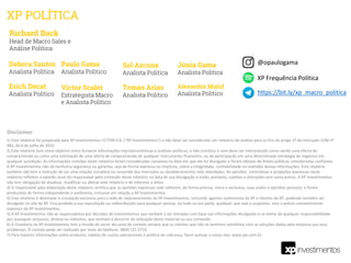 1) Este relatório foi preparado pela XP Investimentos CCTVM S.A. (“XP Investimentos”) e não deve ser considerado um relatório de análise para os fins do artigo 1º da Instrução CVM nº
483, de 6 de julho de 2010.
2) Este relatório tem como objetivo único fornecer informações macroeconômicas e análises políticas, e não constitui e nem deve ser interpretado como sendo uma oferta de
compra/venda ou como uma solicitação de uma oferta de compra/venda de qualquer instrumento financeiro, ou de participação em uma determinada estratégia de negócios em
qualquer jurisdição. As informações contidas neste relatório foram consideradas razoáveis na data em que ele foi divulgado e foram obtidas de fontes públicas consideradas confiáveis.
A XP Investimentos não dá nenhuma segurança ou garantia, seja de forma expressa ou implícita, sobre a integridade, confiabilidade ou exatidão dessas informações. Este relatório
também não tem a intenção de ser uma relação completa ou resumida dos mercados ou desdobramentos nele abordados. As opiniões, estimativas e projeções expressas neste
relatório refletem a opinião atual do responsável pelo conteúdo deste relatório na data de sua divulgação e estão, portanto, sujeitas a alterações sem aviso prévio. A XP Investimentos
não tem obrigação de atualizar, modificar ou alterar este relatório e de informar o leitor.
3) O responsável pela elaboração deste relatório certifica que as opiniões expressas nele refletem, de forma precisa, única e exclusiva, suas visões e opiniões pessoais, e foram
produzidas de forma independente e autônoma, inclusive em relação a XP Investimentos.
4) Este relatório é destinado à circulação exclusiva para a rede de relacionamento da XP Investimentos, incluindo agentes autônomos da XP e clientes da XP, podendo também ser
divulgado no site da XP. Fica proibida a sua reprodução ou redistribuição para qualquer pessoa, no todo ou em parte, qualquer que seja o propósito, sem o prévio consentimento
expresso da XP Investimentos.
5) A XP Investimentos não se responsabiliza por decisões de investimentos que venham a ser tomadas com base nas informações divulgadas e se exime de qualquer responsabilidade
por quaisquer prejuízos, diretos ou indiretos, que venham a decorrer da utilização deste material ou seu conteúdo.
6) A Ouvidoria da XP Investimentos tem a missão de servir de canal de contato sempre que os clientes que não se sentirem satisfeitos com as soluções dadas pela empresa aos seus
problemas. O contato pode ser realizado por meio do telefone: 0800 722 3710.
7) Para maiores informações sobre produtos, tabelas de custos operacionais e política de cobrança, favor acessar o nosso site: www.xpi.com.br.
Disclaimer
Richard Back
Head de Macro Sales e
Análise Política
Debora Santos
Analista Política
Erich Decat
Analista Político
Sol Azcune
Analista Política
Tomas Arias
Analista Político
Paulo Gama
Analista Político
XP POLÍTICA
@opaulogama
XP Frequência Política
Victor Scalet
Estrategista Macro
e Analista Político
https://bit.ly/xp_macro_politica
Júnia Gama
Analista Política
Alexandre Maluf
Analista Político
 