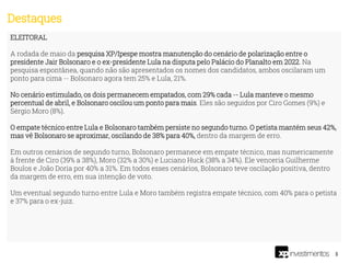 3
ELEITORAL
A rodada de maio da pesquisa XP/Ipespe mostra manutenção do cenário de polarização entre o
presidente Jair Bolsonaro e o ex-presidente Lula na disputa pelo Palácio do Planalto em 2022. Na
pesquisa espontânea, quando não são apresentados os nomes dos candidatos, ambos oscilaram um
ponto para cima -- Bolsonaro agora tem 25% e Lula, 21%.
No cenário estimulado, os dois permanecem empatados, com 29% cada -- Lula manteve o mesmo
percentual de abril, e Bolsonaro oscilou um ponto para mais. Eles são seguidos por Ciro Gomes (9%) e
Sérgio Moro (8%).
O empate técnico entre Lula e Bolsonaro também persiste no segundo turno. O petista mantém seus 42%,
mas vê Bolsonaro se aproximar, oscilando de 38% para 40%, dentro da margem de erro.
Em outros cenários de segundo turno, Bolsonaro permanece em empate técnico, mas numericamente
à frente de Ciro (39% a 38%), Moro (32% a 30%) e Luciano Huck (38% a 34%). Ele venceria Guilherme
Boulos e João Doria por 40% a 31%. Em todos esses cenários, Bolsonaro teve oscilação positiva, dentro
da margem de erro, em sua intenção de voto.
Um eventual segundo turno entre Lula e Moro também registra empate técnico, com 40% para o petista
e 37% para o ex-juiz.
Destaques
 