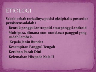 Sebab-sebab terjadinya posisi oksipitalis posterior
persistens adalah :
 Bentuk panggul antropoid atau panggil android
 Multipara, dimana otot-otot dasar panggul yang
sudah lembek.
 Kepala Janin Bundar
 Kesempitan Panggul Tengah
 Ketuban Pecah Dini
 Kelemahan His pada Kala II
 