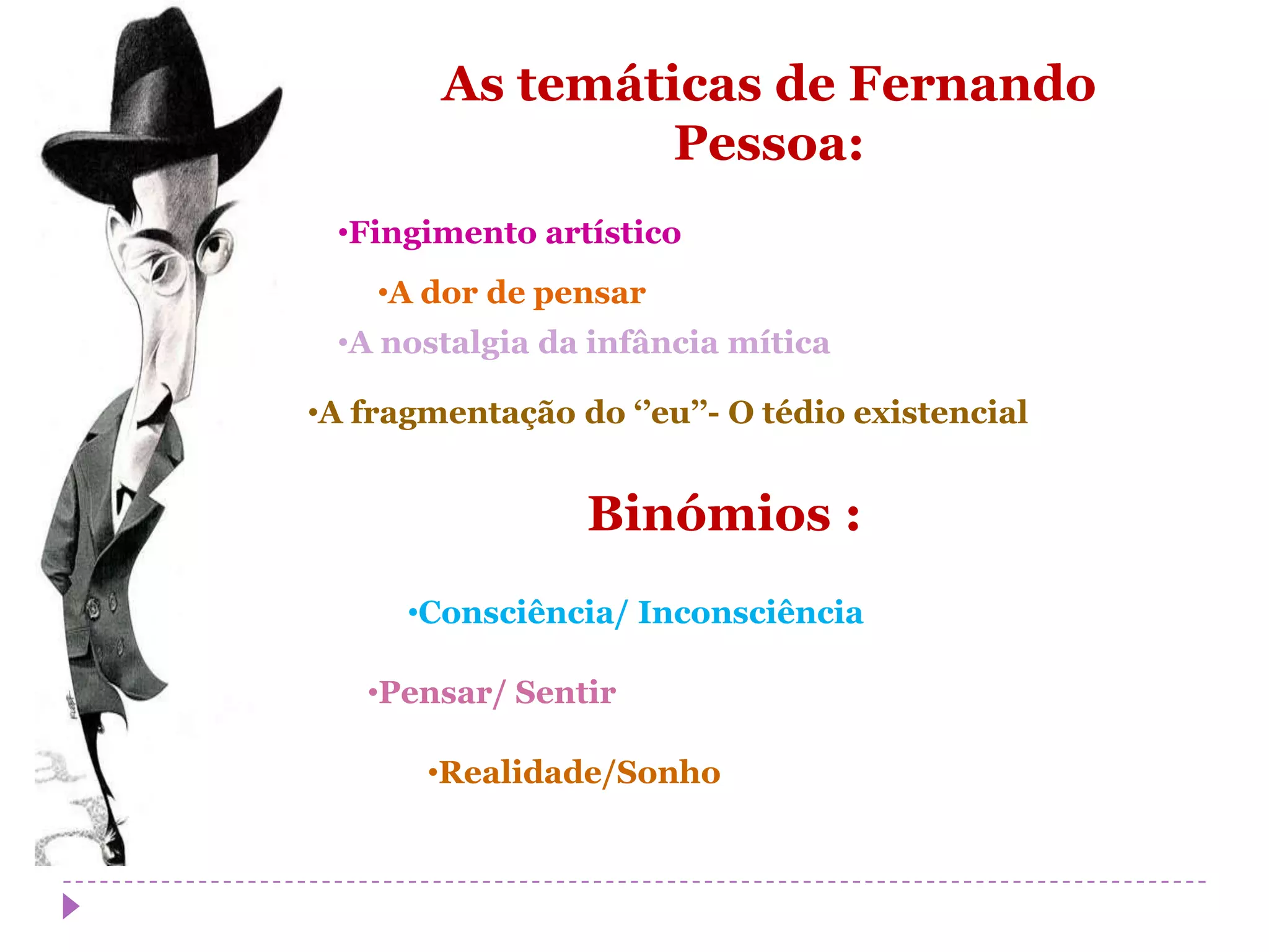 As temáticas de Fernando
                 Pessoa:
 •Fingimento artístico
    •A dor de pensar
 •A nostalgia da infância mítica

•A fragmentação do ‘’eu’’- O tédio existencial


                 Binómios :
      •Consciência/ Inconsciência

   •Pensar/ Sentir

       •Realidade/Sonho
 