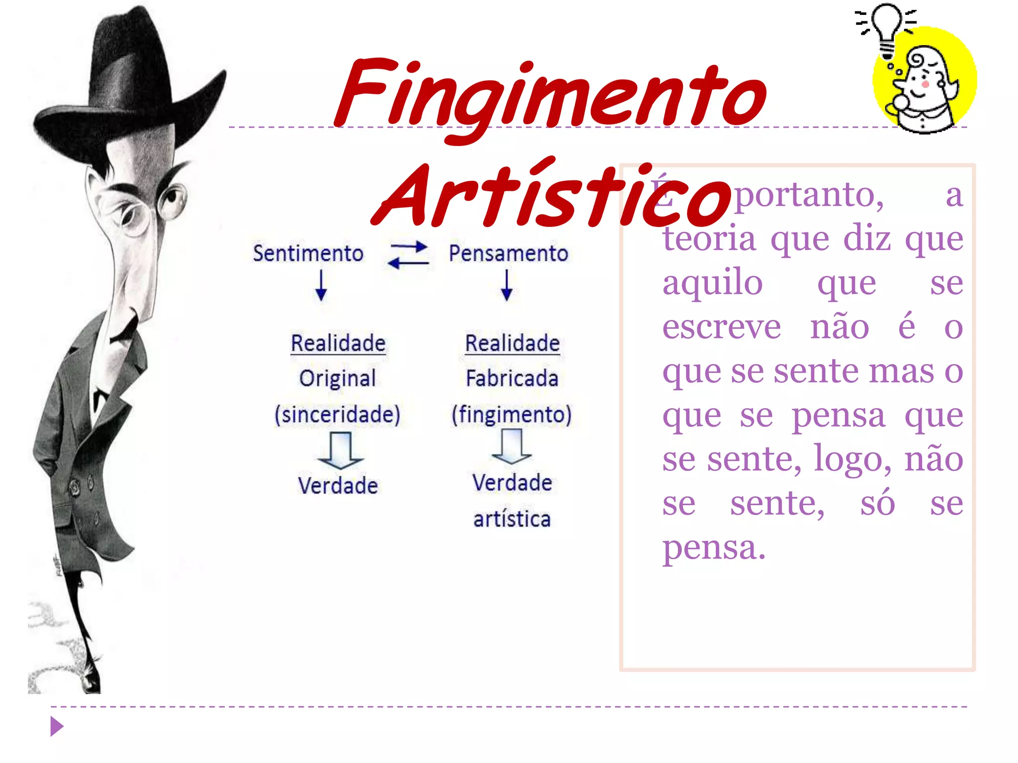 Fingimento
 Artístico portanto, que
        É
         teoria que diz
                        a

             aquilo que se
             escreve não é o
             que se sente mas o
             que se pensa que
             se sente, logo, não
             se sente, só se
             pensa.
 