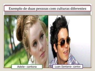 Exemplo de duas pessoas com culturas diferentes




     Adele- cantora        Luan Santana- cantor
 